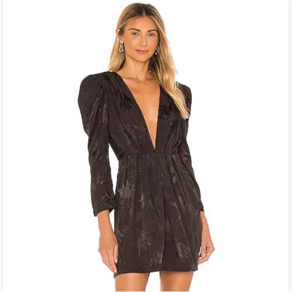 NWT Misa Los Angeles Charlize Black Jacquard Pleated Shoulder Mini Dress